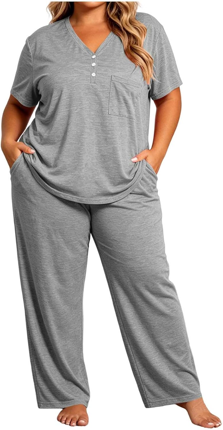 Womens V Neck Pajama Set Plus Size Lounge Sets with Pockets Cozy Sleepwear | Drawstring Closure, Short Sleeve Sleepwear Loose Loose Pants with Pockets, 2 Piece Pjs Home Lounging, Relaxed Fit Loungewear