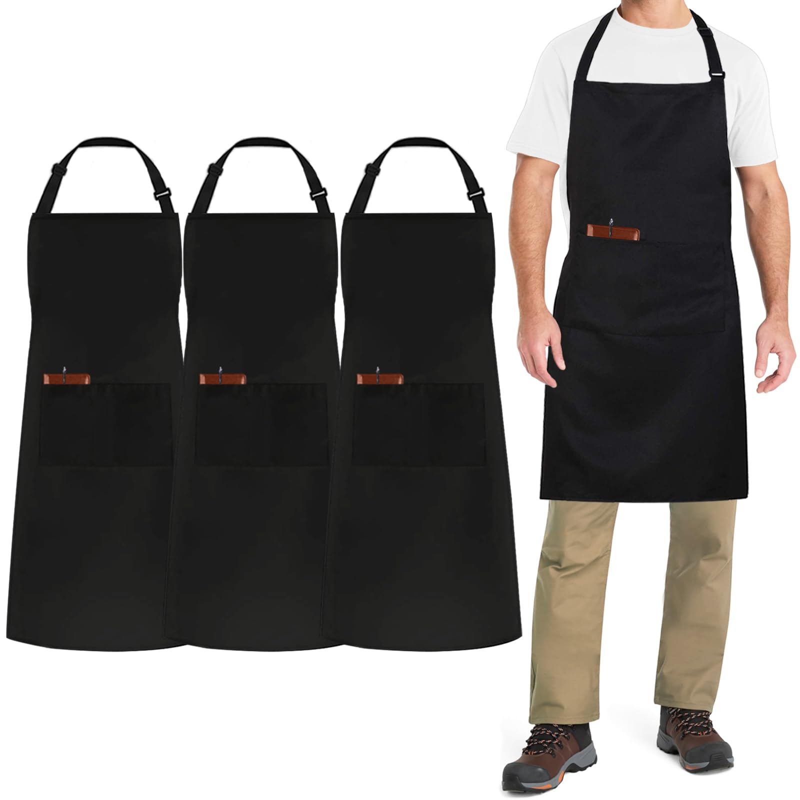 Paquete de 3 Negro Delantales, Ajustables Cocina Delantal con 3 Bolsillos para Hombres y Mujeres, Profesional Trabajo Delantal para Camarero Chef Barbero Restaurante Café Bare (Polialgodón)