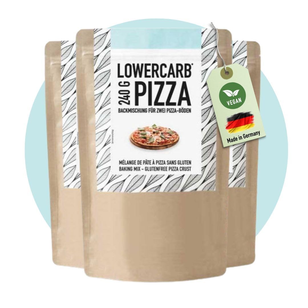 Lower-Carb Pizza Backmischung für 2 Pizzaböden oder 1 Pizzablech | 90% weniger Kohlenhydrate | Glutenfrei, 29g Vegan Protein, mit Mandelmehl Flohsamenschalen & Leinsamen, keto, Organic Workout