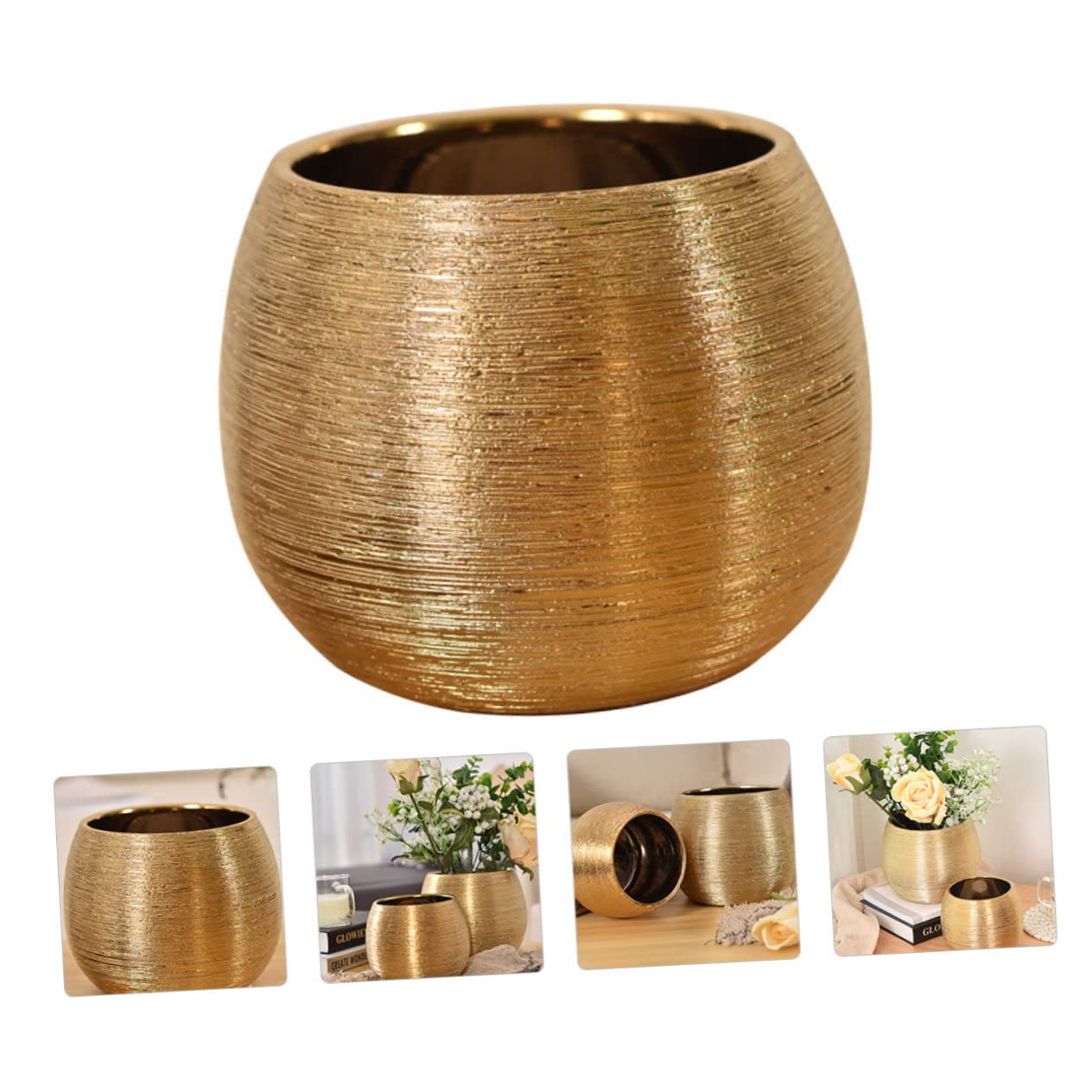 Pot de Fleurs en Céramique Plaqué Or Rond, Respirant et Lumineux, pour Succulentes, Décoration Élégante Maison Bureau