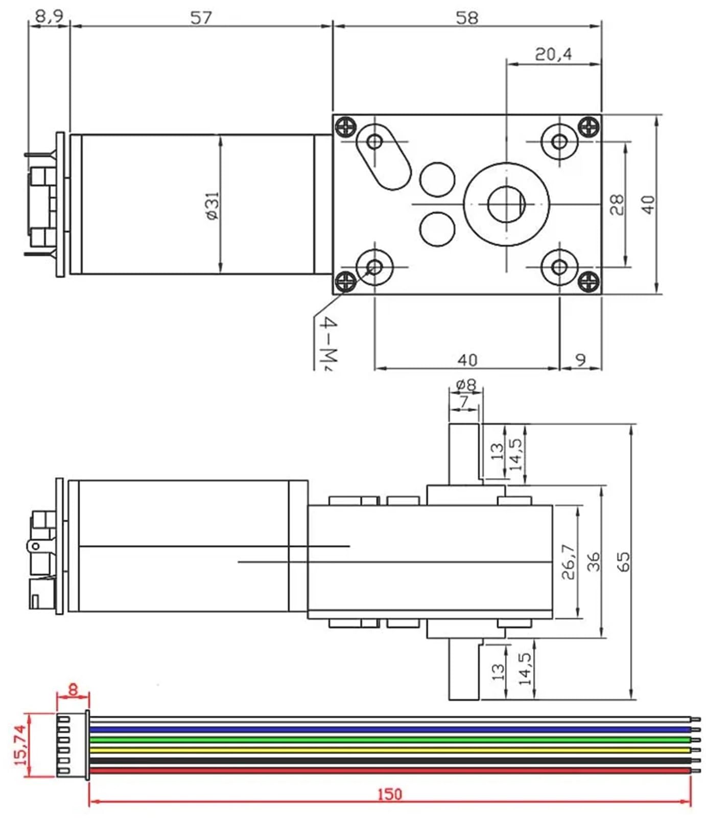 Mini motor eléctrico tubular de CC con codificador, reductor de engranajes helicoidales de ángulo recto de bajo ruido, motores reductores de doble eje de 12 V/24 V.(Only Motor,40R,24V)