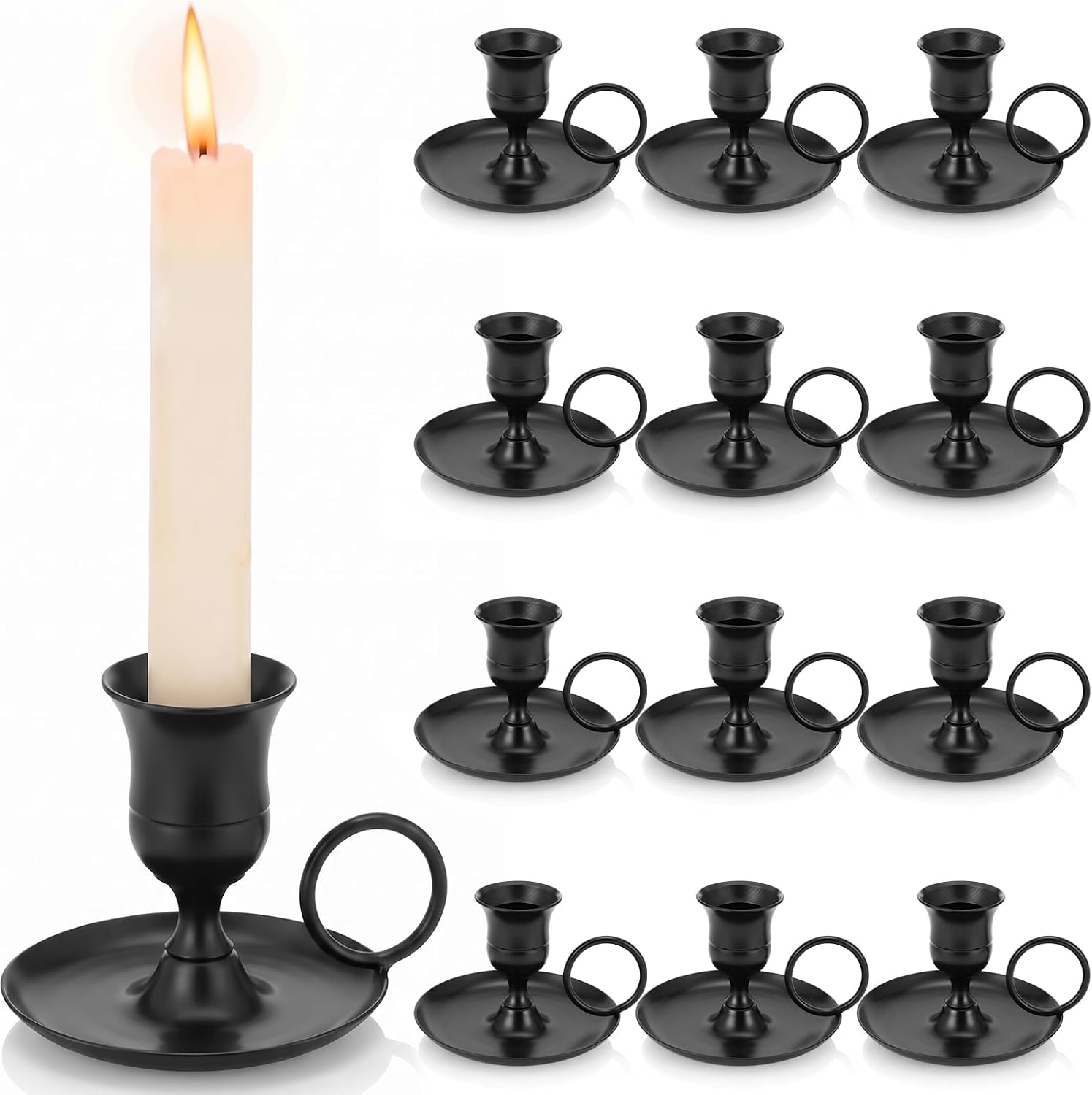 Mumufy 12 Pcs Black Candle Holders with Handle & Drip Tray