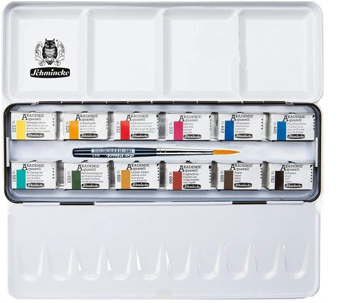 Schmincke Akademie Aquarellfarben 12 ganze Näpfchen im Metallkasten mit Synthetics Pinsel Reise