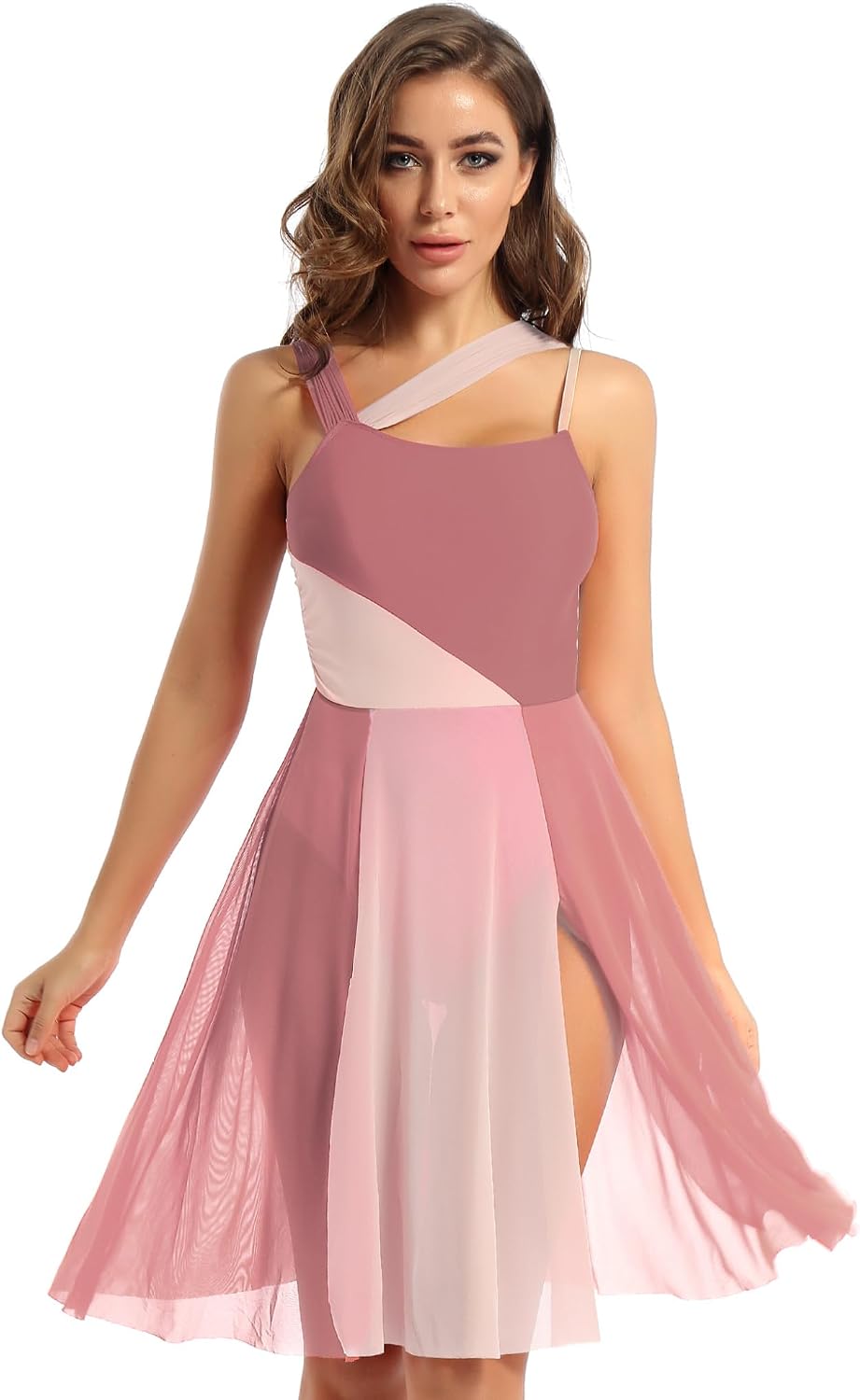Women's Lyrical Ballet Dance Dress Mesh Color Block Leotard | Contemporary Performance Dress, Built-in Leotard, Spaghetti Strap, Flowing Mesh Skirt, Stage Recital Competition Outfit