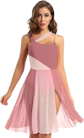 Womens Lyrical Ballet Dance Dress Mesh Color Block Leotard | Contemporary Performance Dress, Built-in Leotard, Spaghetti Strap, Flowing Mesh Skirt, Stage Recital Competition Outfit