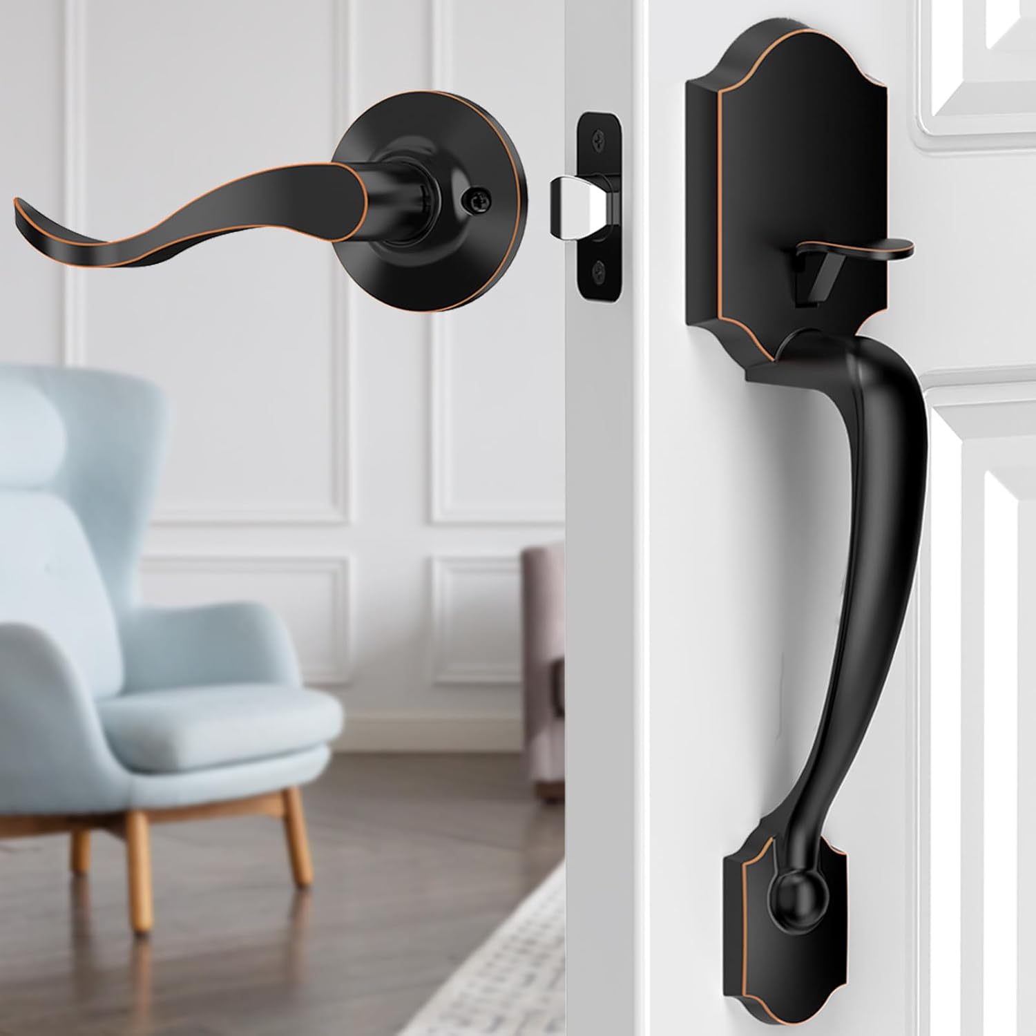 Front Door Handle, Bronze Exterior Door Handle with Reversible Lever, Classic Front Entry Door Handle for Right or Left Handed Doors, Front Door Handle No Lock, Oil Bronze