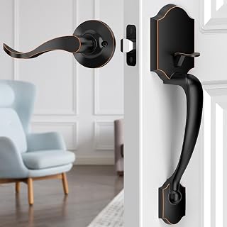 Front Door Handle, Bronze Exterior Door Handle with Reversible Lever, Classic Front Entry Door Handle for Right or Left Handed Doors, Front Door Handle No Lock, Oil Bronze