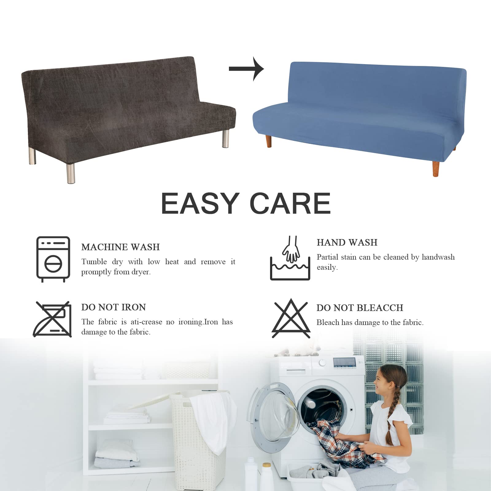 Lydevo Copridivano 3 Posti Senza Braccioli Elasticizzato Universale, Copridivano Letto Pieghevole Clic Clac Lavabile Rimovibile Estraibile, Fodera per Divano Futon per Soggiorno Casa,Grigio Blu