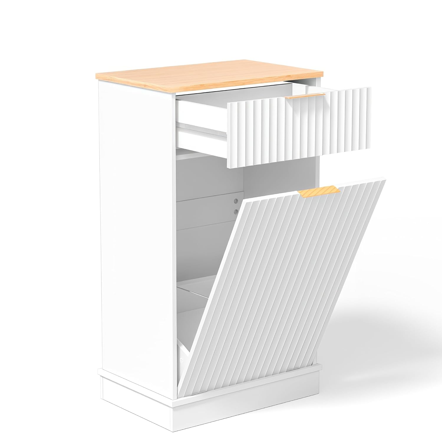 VINGLI 10 Gallon Tilt Out Trash Can Cabinet, White Wooden Fluted Garbage Cabinet with Drawer, Hidden Trash & Laundry Hamper for Kitchen, Living Room, and Laundry Room, White