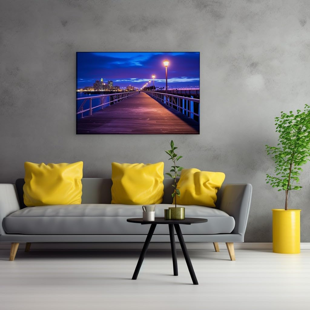 Canvas for Living room. Stroll to Serenity: A Nighttime Walk on the Illuminated Pier towards the City Skyline, 27 x 18 inch Canvas Wall Art - Contemporary Masterpieces - Modern Home Decor