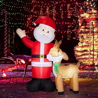 6.3FT Christmas Inflatable Santa Clau Built-in LED Lights, Outdoor Decoration Santa with Reindeer and Christmas Ball Blow Ups, Holiday Xmas Inflatables Decor for Lawn Yard Garden Outhouse Party