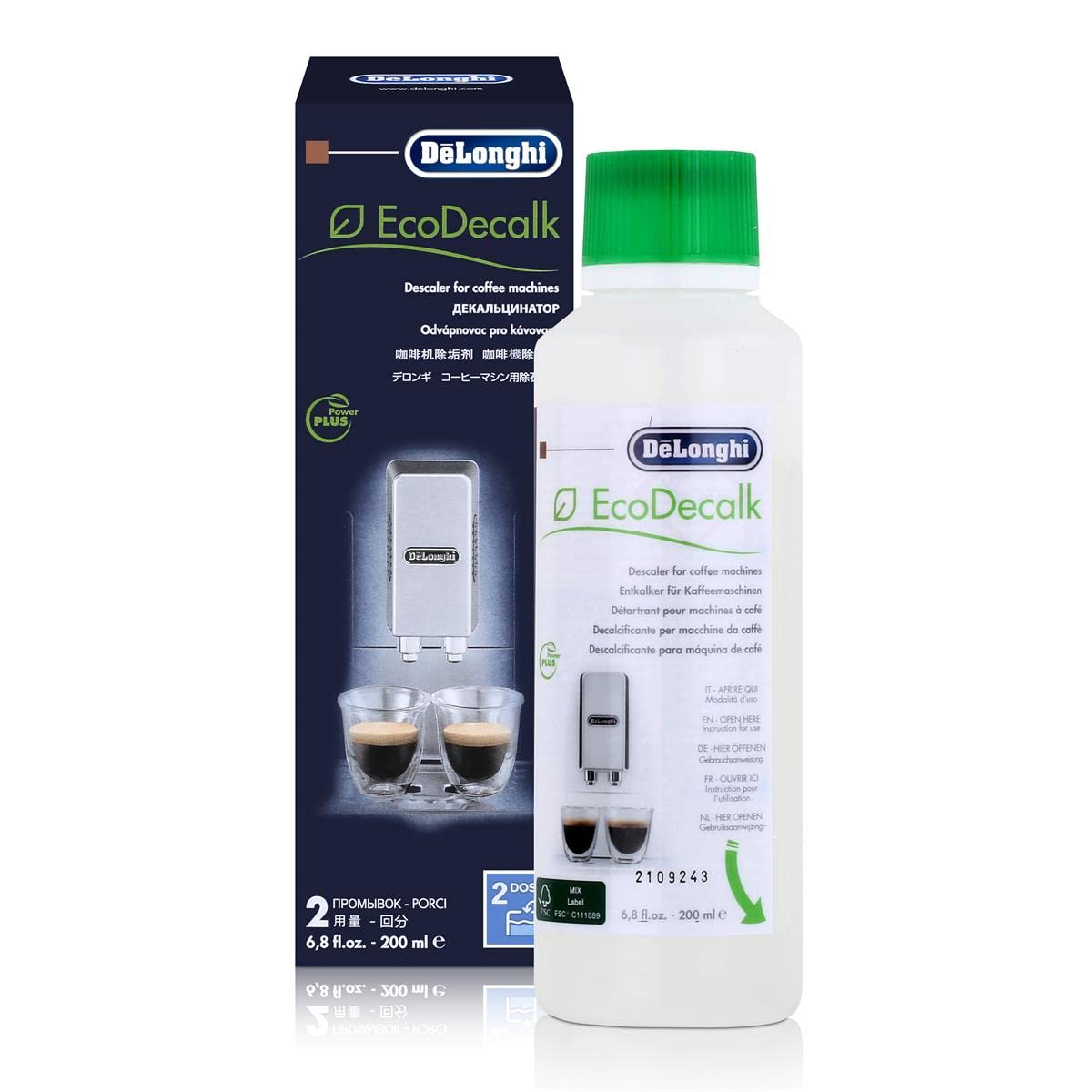De'Longhi Original EcoDecalk DLSC202 - Descaler, Eco-Friendly Universal Descaling Solution for Coffee & Espresso Machines - 6,8 fl. oz. (2 uses)