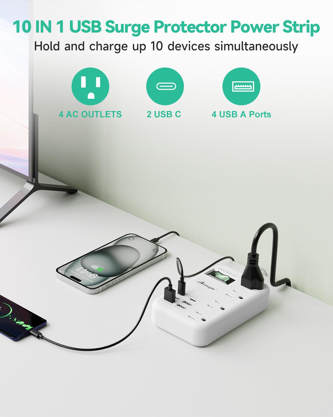 Alitayee 6 USB (2 USB C) Überspannungsschutz-Steckdosenleiste mit 24 W USB-Ladestation und 4 ausziehbaren Steckdosenverlängerungen, 1,8 m flaches Verlängerungskabel mit Wandmontage, für Reisen