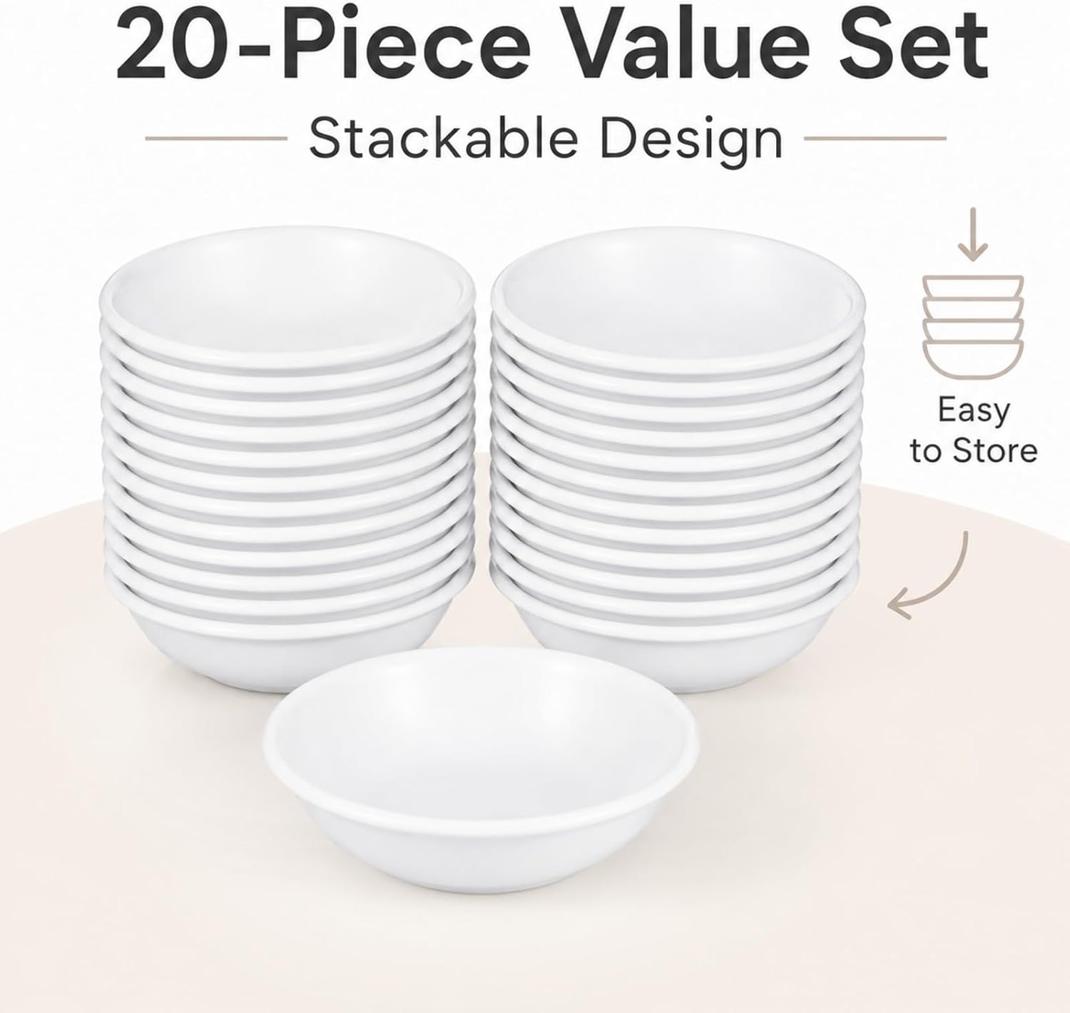 jojofuny 20 Pcs Mini Sauce Bowls, 2 Oz White Melamine Dipping Bowls, Small Soy Sauce Dishes for Condiments, Ketchup, Salsa, Appetizers, BBQ, Sushi, Party and Restaurant, 2.8" x 2.8" x 0.8"