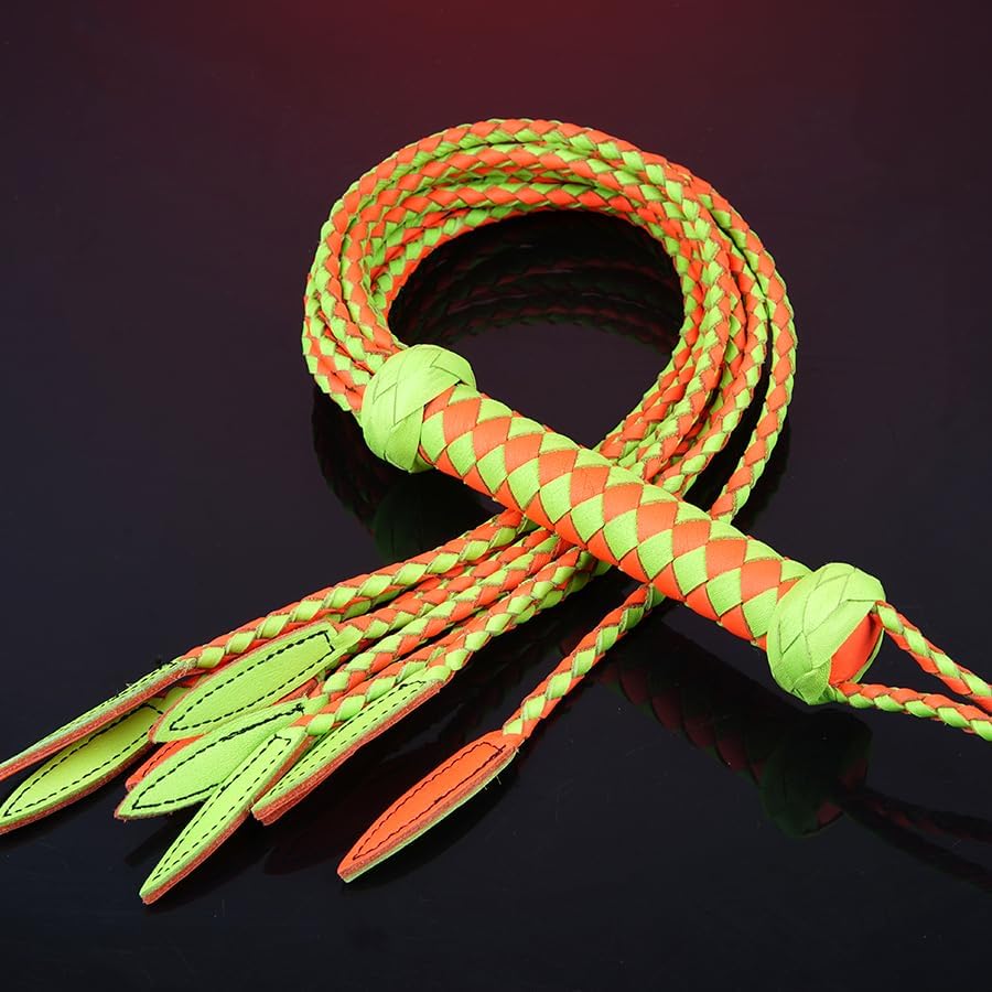 Nature-Inspired Light Green Genuine Leather Cat-O'-Nine-Tails Whip | 16cm Handle & 48cm Portable Tail | Hangable Outdoor Equestrian Whip | Handcrafted Multi-Functional Training Gear (Green & Orange)