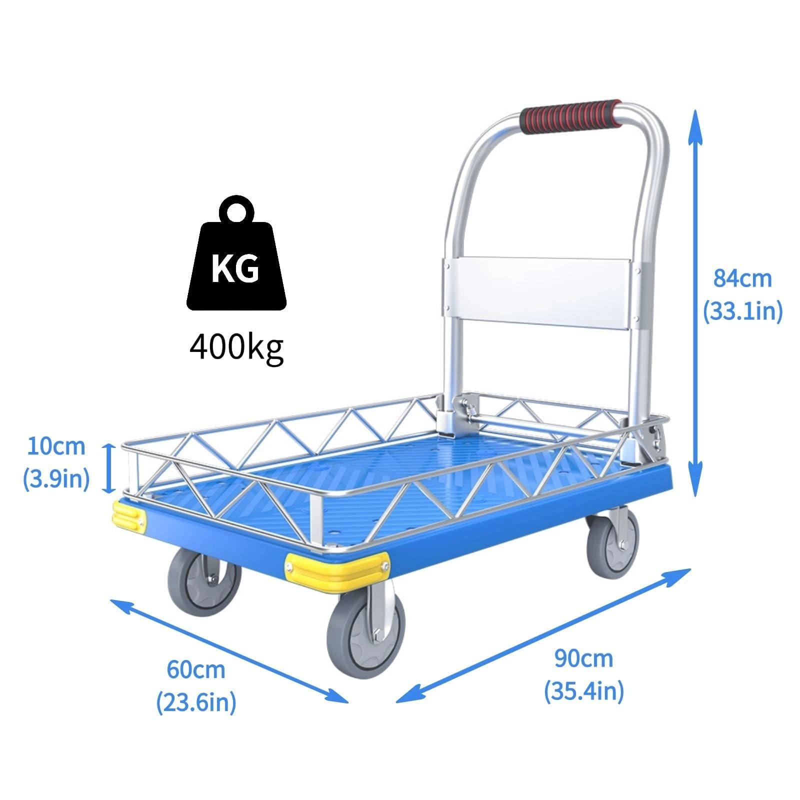 Carrello industriale pieghevole con ruote, capacità 200, 400 kg, carrello a mano con guardrail anti goccia, per magazzini e garage (73 x 49 cm, nero)