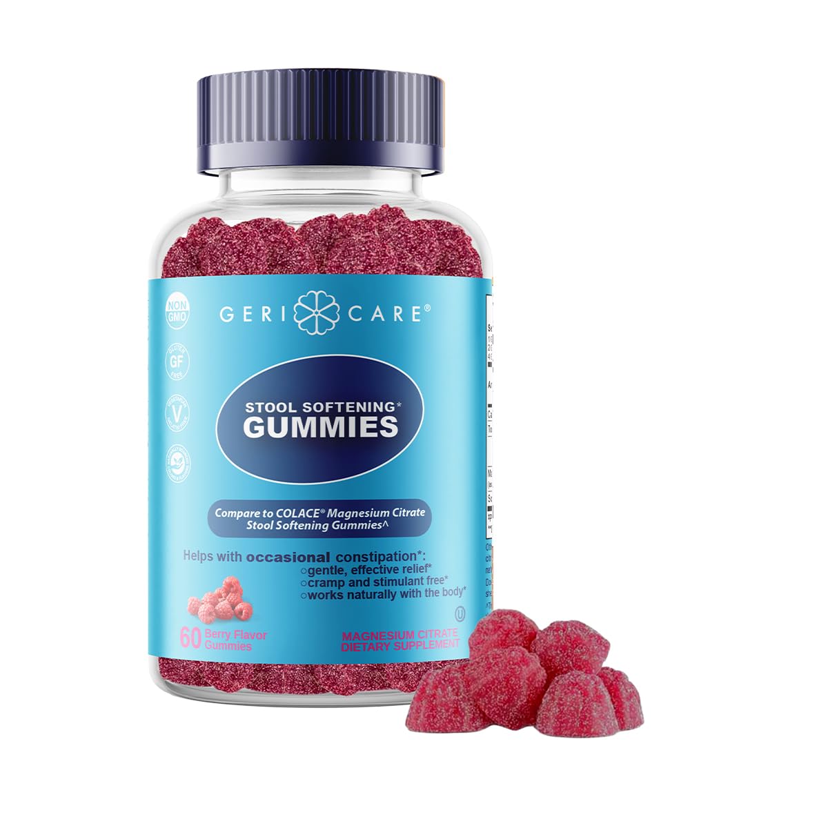 GeriCare Stool Softener Gummies, Compare to Colace Stool Softener Gummy, Magnesium Citrate Laxative, Vegan, Gluten-Free, Berry Flavor, for Gentle Constipation Relief & Digestive Health, 60 Count (1pk)