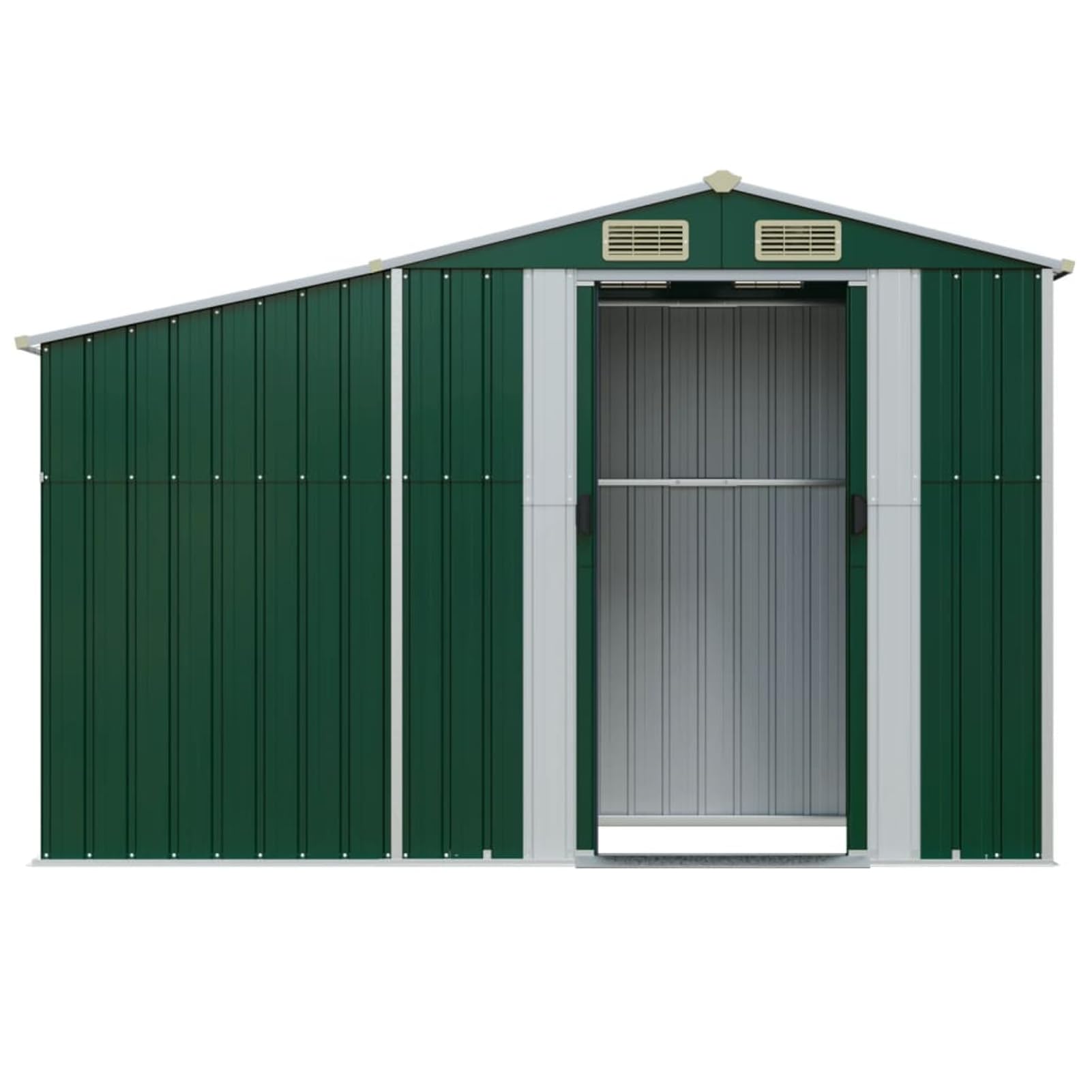 Domek na narzędzia, domek metalowy, zielony, 277 x 93 x 179 cm, stal ocynkowana, odporna na warunki atmosferyczne i wentylowana, na narzędzia, drewno opałowe i narzędzia ogrodowe na zewnątrz
