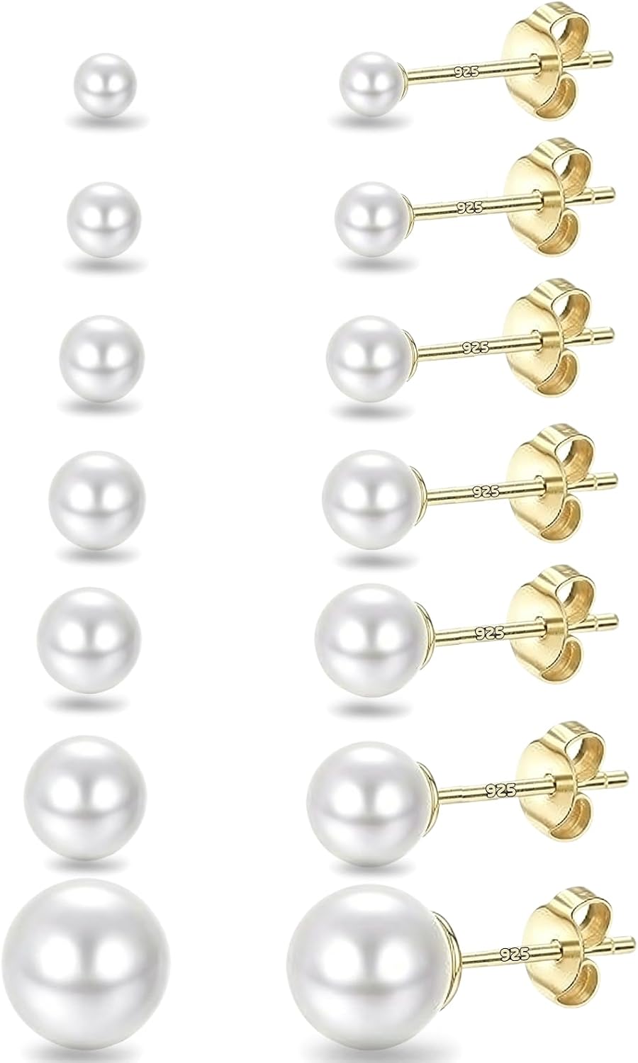 7 Pairs Round White Pearl Stud Earrings, 925 Sterling Silver Post Earring