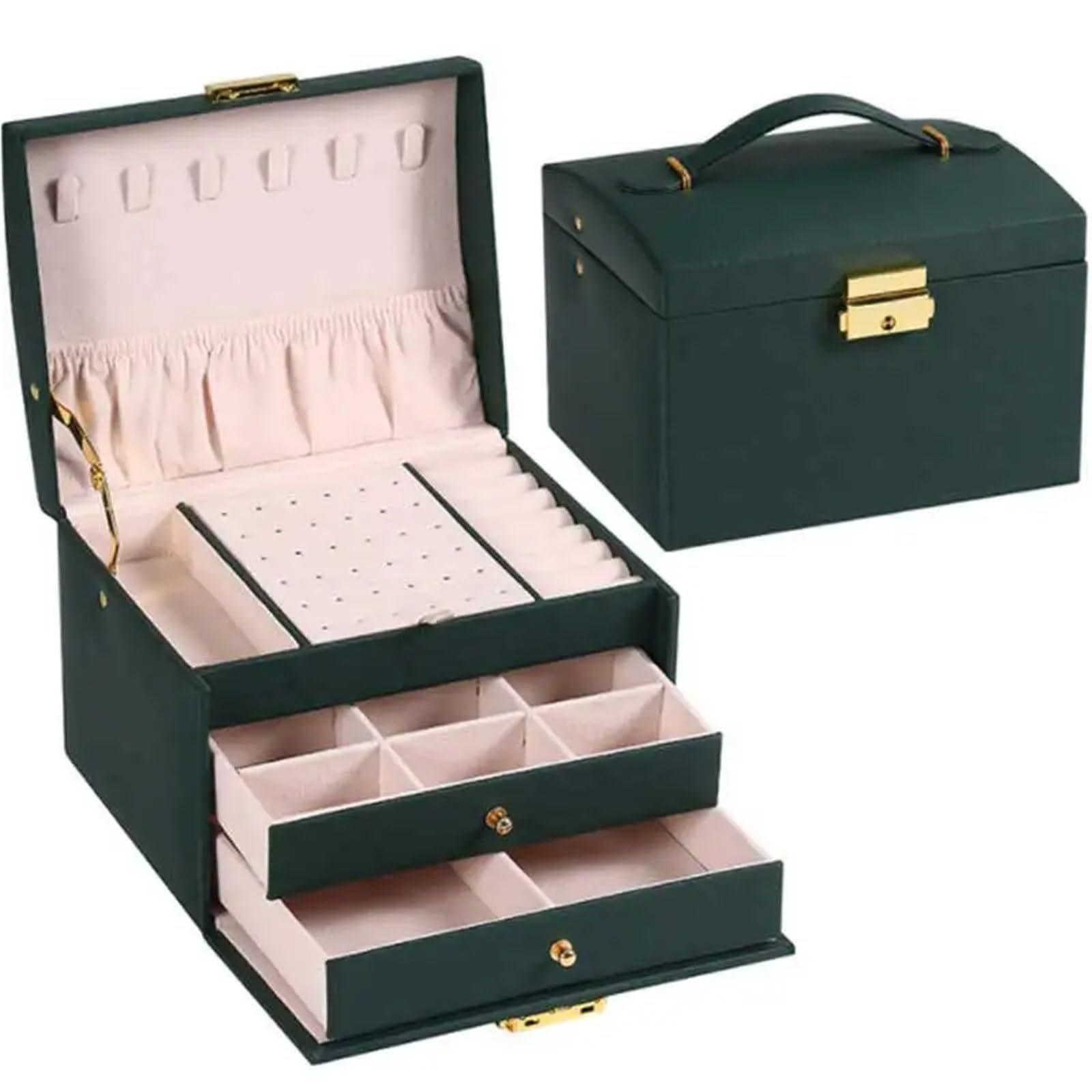 Scatola portagioie portatile a tre cassetti, anello for orecchini, collana, scatola portaoggetti, scatola for esposizione gioielli in pelle PU con serratura a chiave di sicurezza per Gioielli