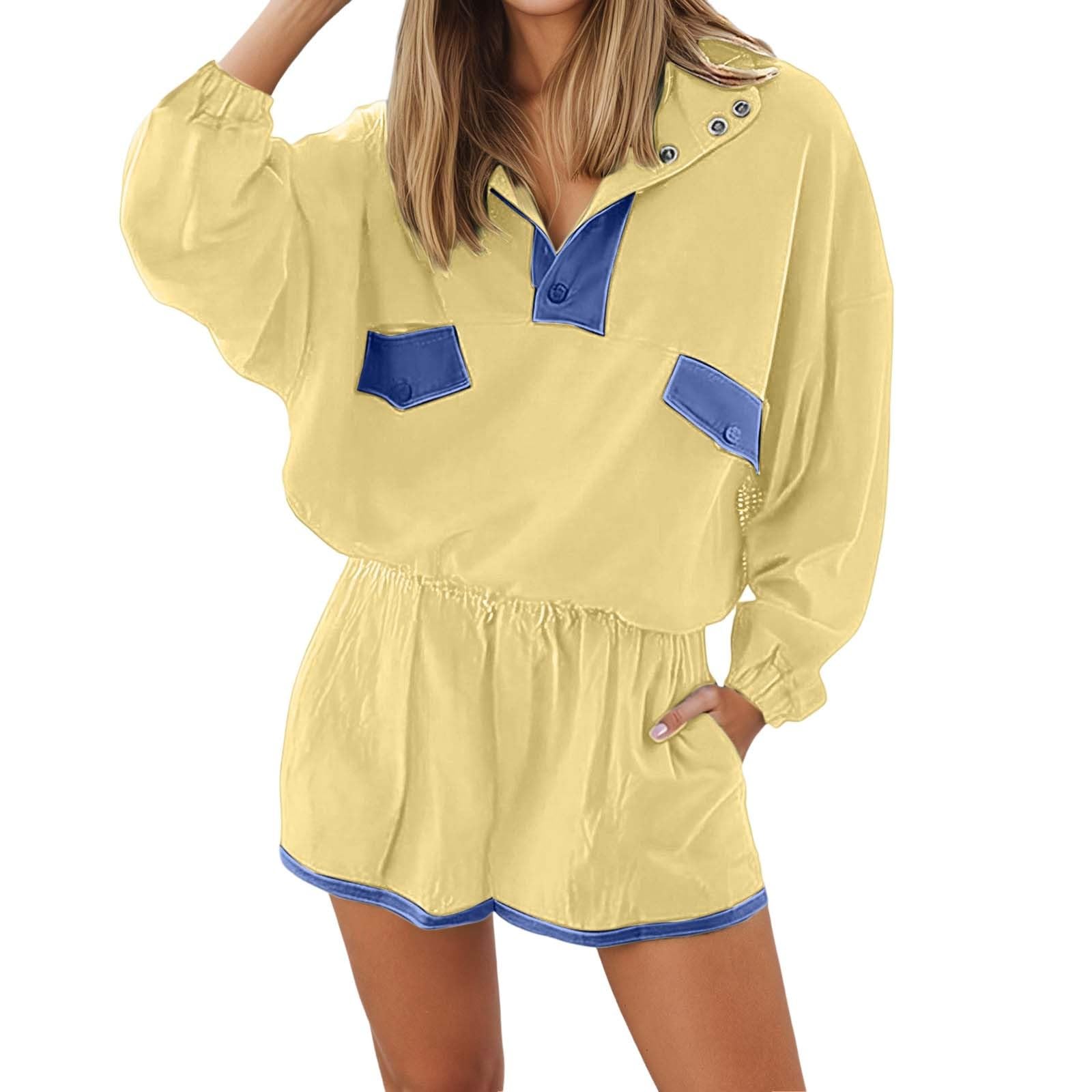Generisch Set da allenamento da donna, maglione a maniche lunghe con mezzi bottoni, pantaloncini con elastico in vita, set casual da 2 pezzi con tasche