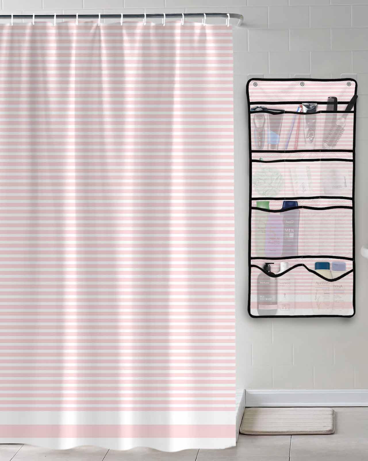 TocaHome Decorative Shower Curtain Sets Stripe Pink Polyester Fabric Waterproof Bath Shower Curtains Modern Geometric Striped Mesh Shower