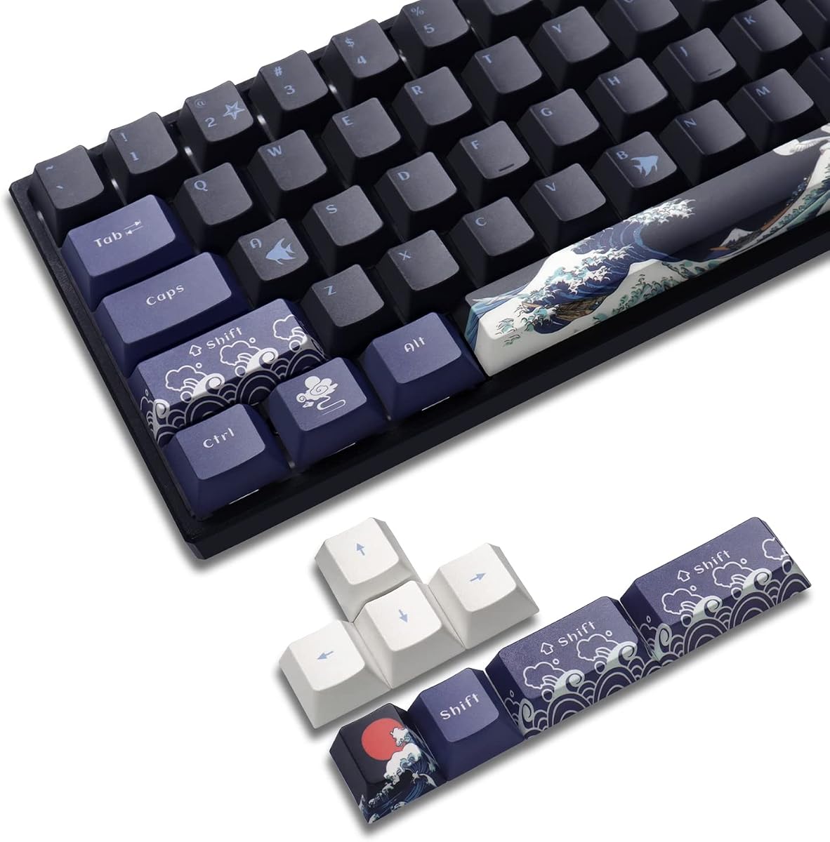 PBT Keycaps - 60% Great Wave Off Kanagawa Japanese Custom Keycaps Set, Cherry Profile for Cherry/Gateron MX Switches, 78 Key Set