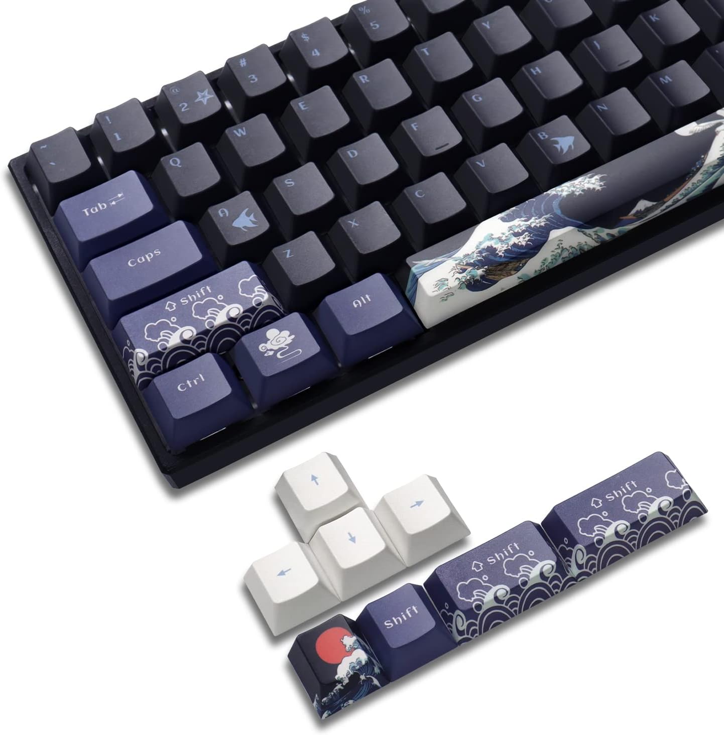SDYZ XVX PBT Keycaps - Great Wave of Kanagawa Japanese Design, Dye-Sub Custom Keycaps Set, Cherry Profile for 61/64/66/68 Cherry/Gateron MX Switches, 78 Key Set