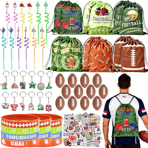 J6&H6 110 Pcs Football Party Favors Football Goodie Bags Including 12 Football Drawstring Bags Stress-relieving Football Straws Keychains silicone Wristband and stickers for FootballParty Gift.