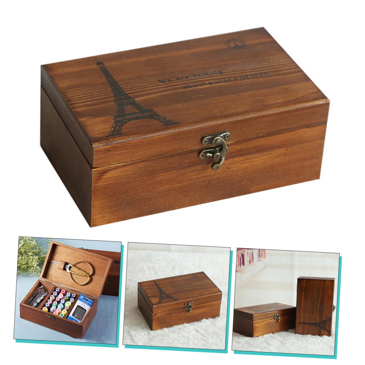 Caja de Agujas E Hilos de Madera Marrón Retro para Costura