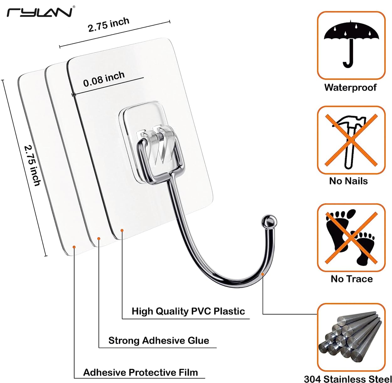 Rylan Wall Hooks - 10 Pack Strong Adhesive Hooks -2 Rylan Wall Hooks - 10 Pack Strong Adhesive Hooks -2