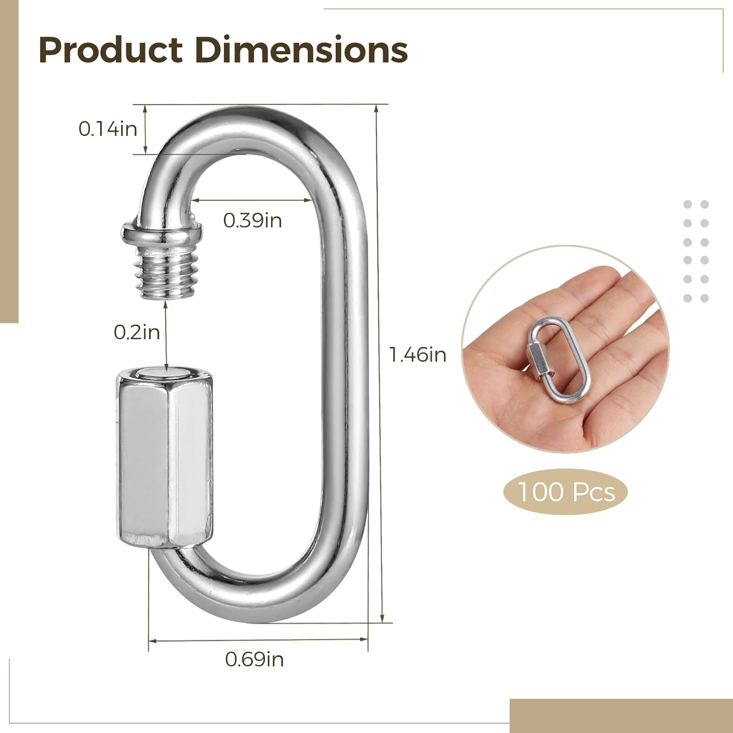 100 Pcs Quick Chain Links, M3.5 Heavy Duty 1/8 Inch D Shape Links, Galvanized Iron Chain Connectors for Safety, Threaded Locking Repair Chain Links for Outdoor Traveling Equipment, 880lbs Capacity