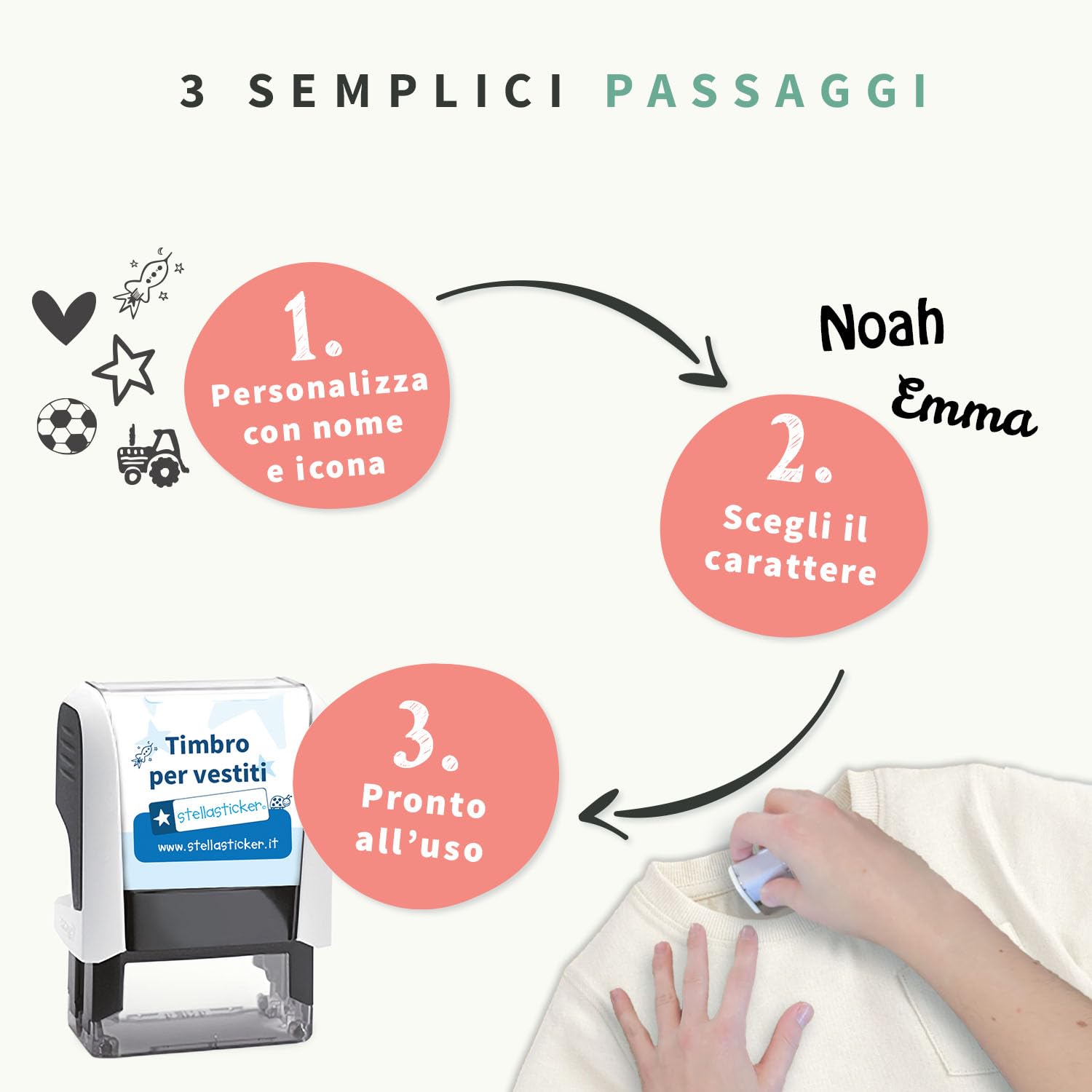Stellasticker - Timbro tessile personalizzato con 2 righe – timbro nome per vestiti bambini – inchiostro resistente ai lavaggi – ideale per scuola, asilo e abbigliamento – fino a 900 utilizzi