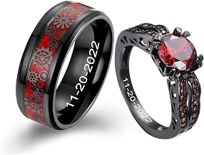 Personalized His Hers Couple Matching Rings Set 8MM Steampunk Gear Carbon Fiber Stainless Steel Bevel Edges Rings Black Plated Cubic Zirconia Couple Rings for Engagement Wedding