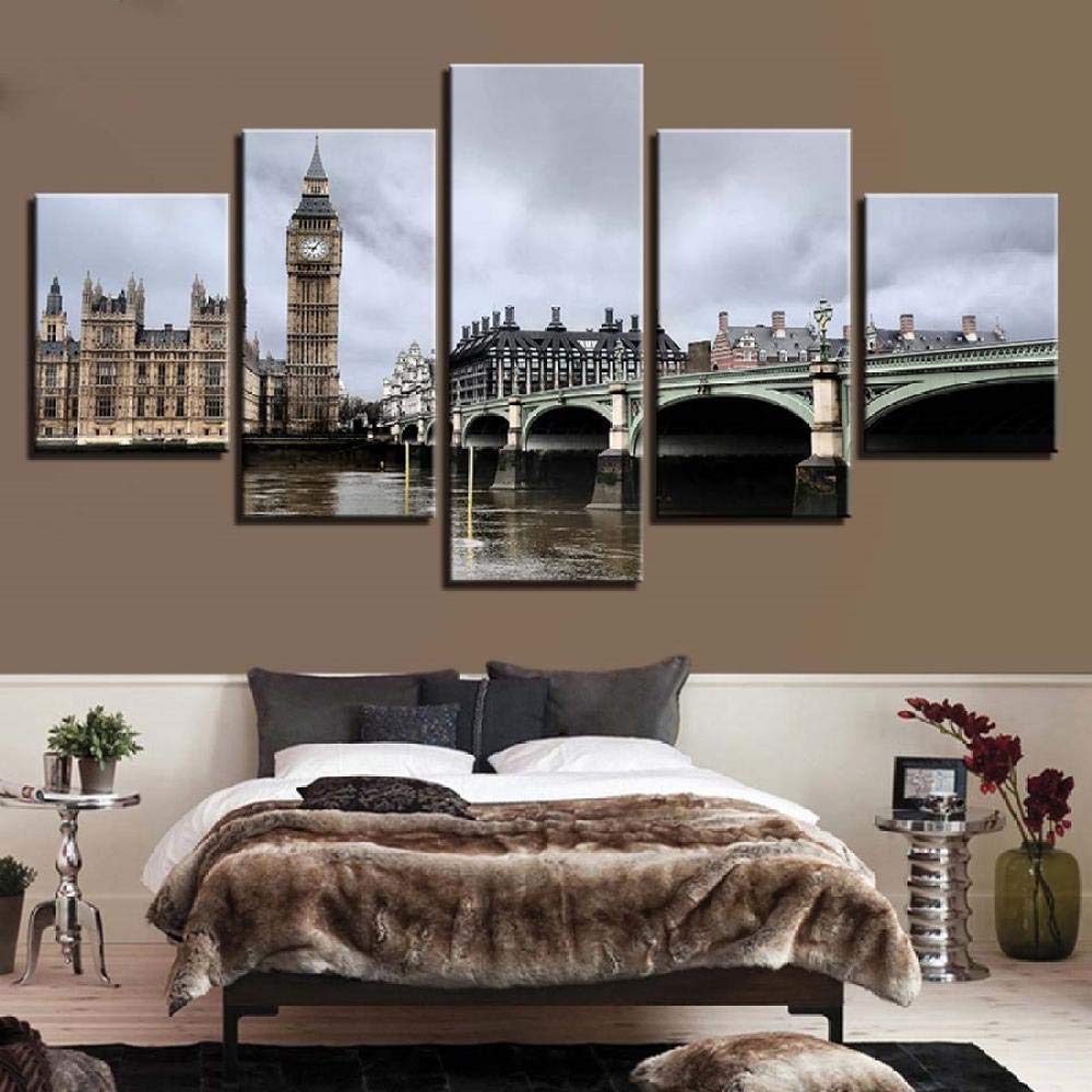 Canvas Paintings Home Decoration Wall Art Pictures 5 pieces London Big Ben Bridge Poster Living Room Artworks/30x40/30x60x2/30x80cm/No Frame