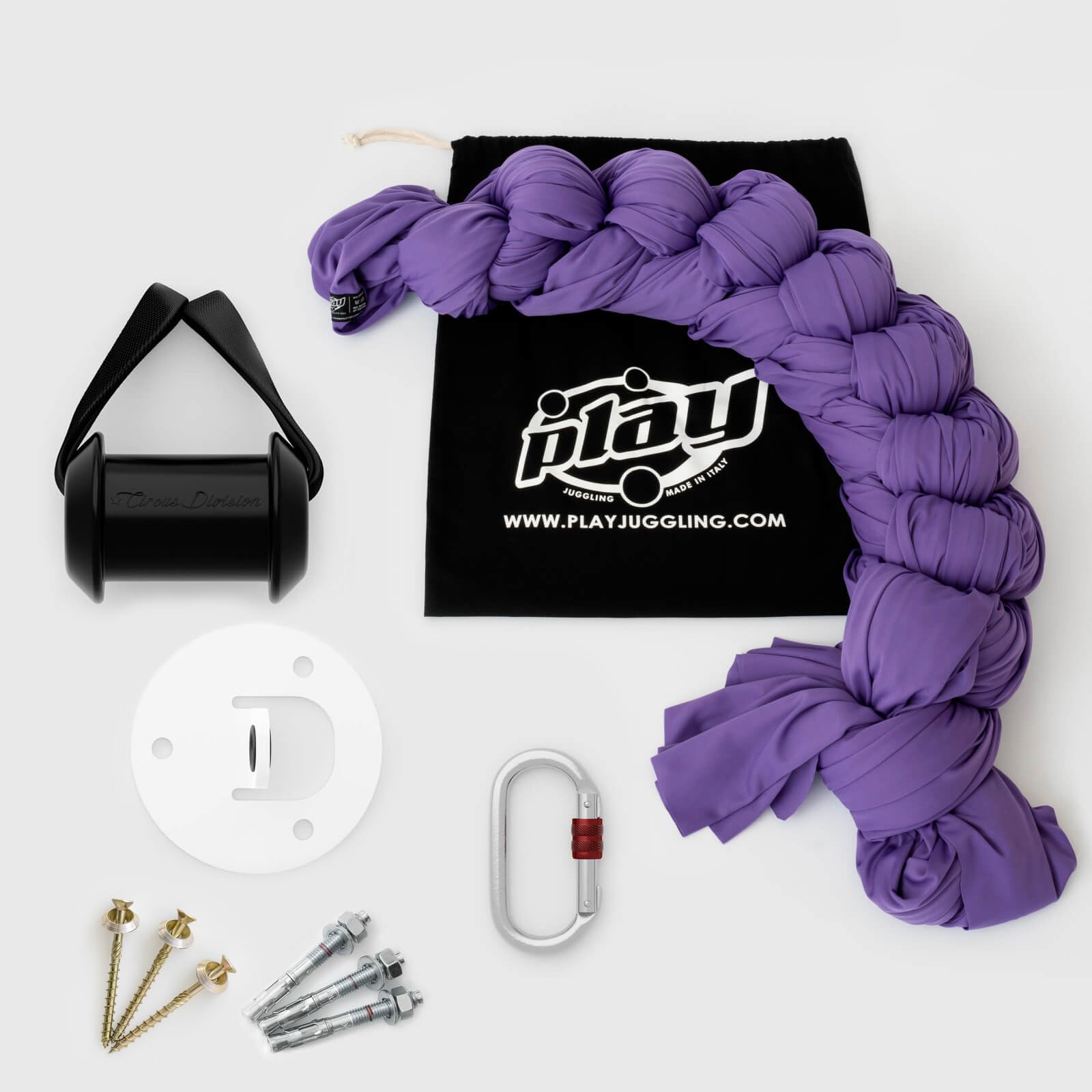 Play Juggling - Kit Piastra Soffitto + Tessuto Aereo con Gancio Certificato + Moschettone a Ghiera per acrobatica Aerea e Discipline aeree, 100% Poliestere - Certificato