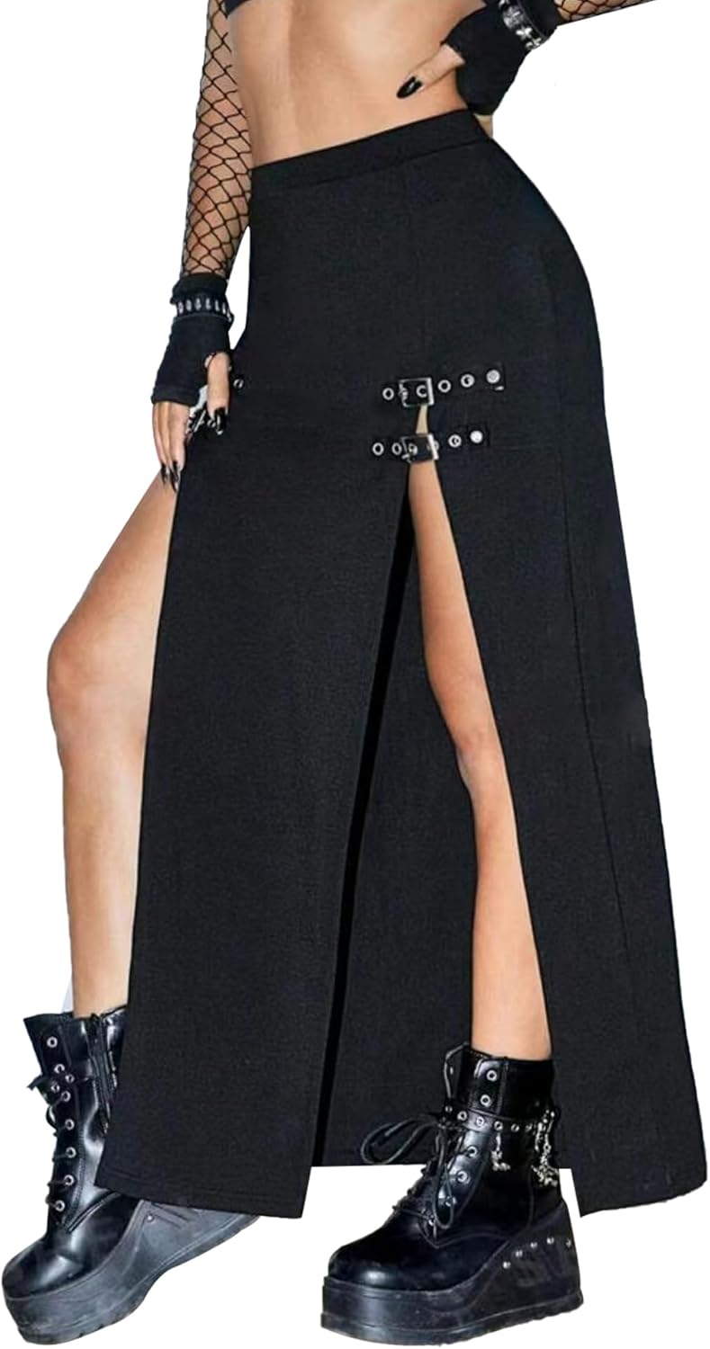 Women's Causal Gothic Maxi Skirt with Double Side Slits & Buckles for Party - Image 4