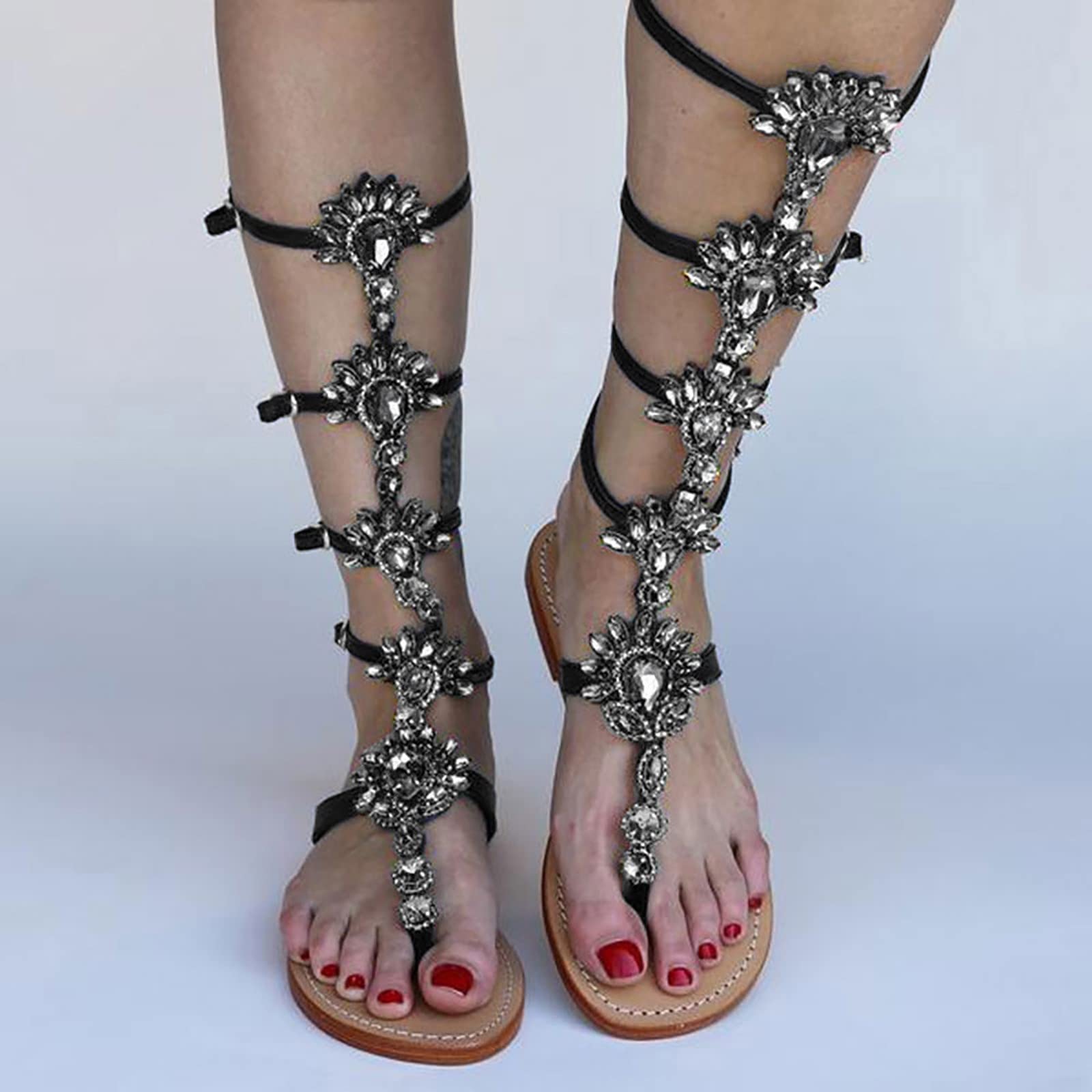 Genérico Sandalias Planas Negras Sandalias de Mujer Verano Romanas Con Hebilla de Imitación Y Punta Plana Para Mujer A La Goma Planas Verano