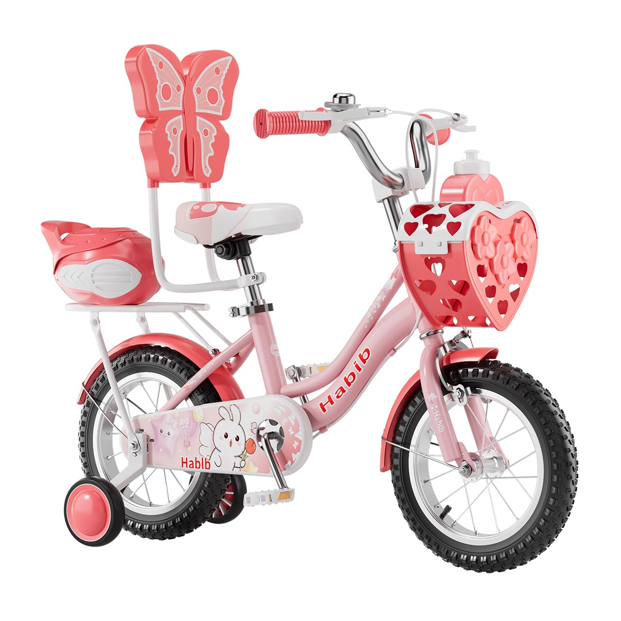 Habib Mädchenfahrrad Prinzessin 12 14 16 Zoll | Komplettset mit Korb, Schutz-Set & Pumpe, Trinkflasche | Kinderfahrrad mit Stützrädern & Dual-Bremssystem für Mädchen 3-8 Jahre