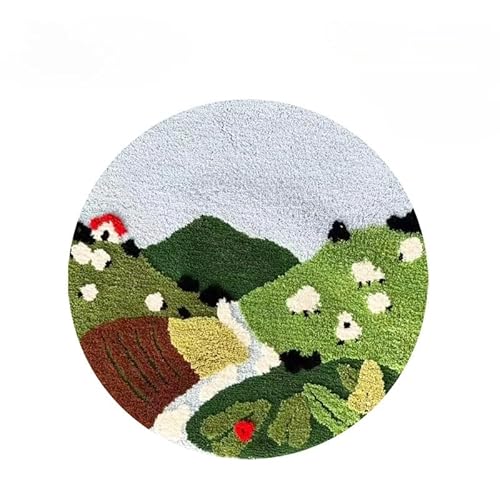 子供用 カーペット 丸型 グリーンファーム デザイン ラグマット ベッドサイド プレイマット 読書エリアやデスク下に最適 フロック加工 (山々,80x80cm,円形)