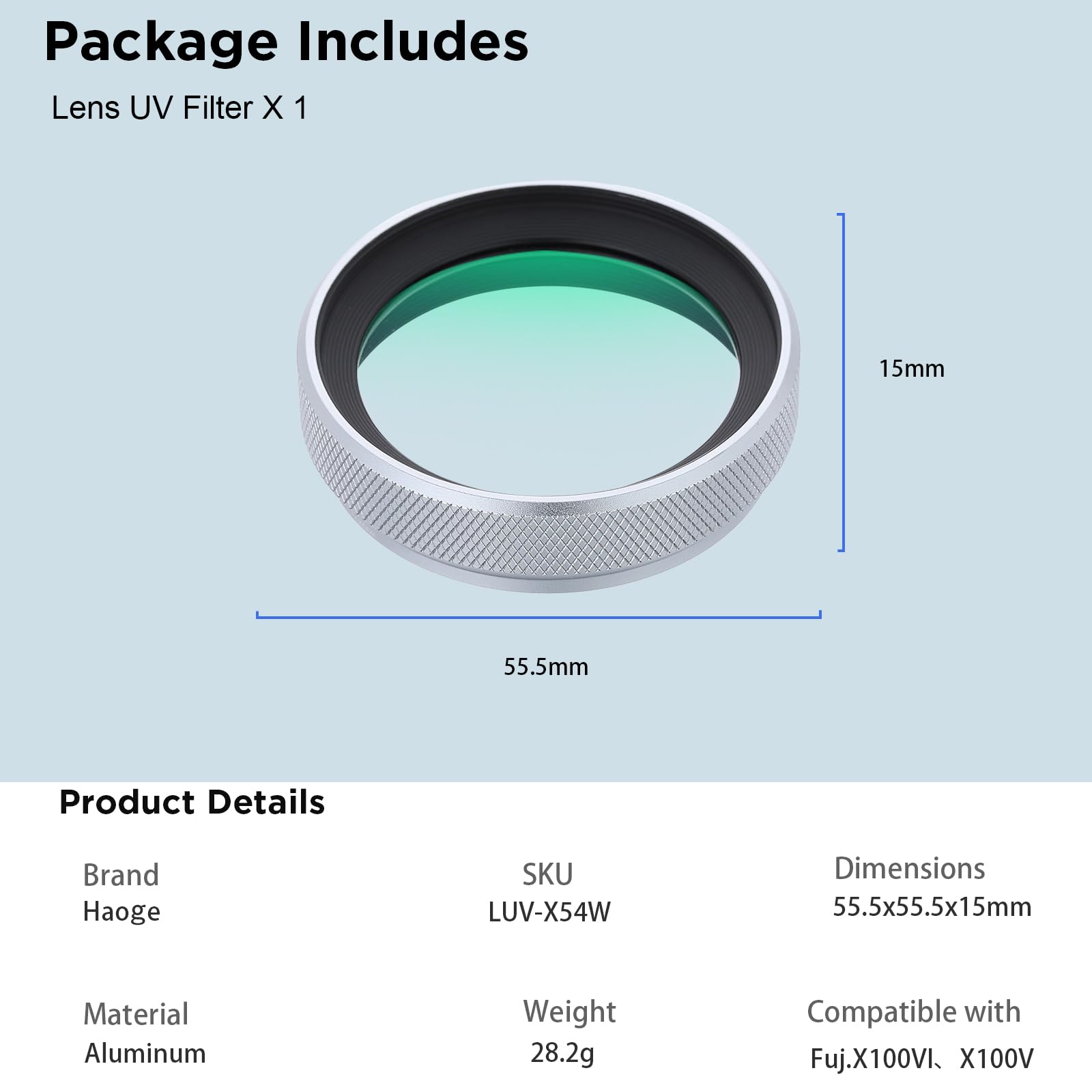 Haoge LUV-X54W Metall Gegenlichtblende Sonnenblende mit MC UV Filter Ultraviolett Schutzfilter für Fujifilm X100VI Fuji FinePix X100V Kamera Objektiv Silber