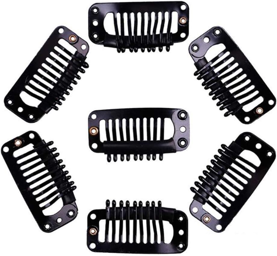 50 Pcs 1.25Inch U Shape Metal Wig Clips/Snap Clips/Hairpiece Clips Use For Hair Extension Hair Piece DIY Snap-Comb Wig Clips With Rubber(Black, 10-Teeth 9 Holes)
