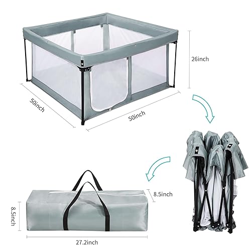 Miniatura 2 de Corralito portátil para bebés con suelo acolchado, patio de juegos plegable para bebés y niños pequeños, cerca para interiores y exteriores (gris,