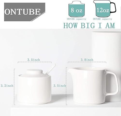 Miniatura 2 de ONTUBE Juego de 3 jarras de porcelana para azúcar y crema, jarra de crema de cerámica, azucarero con tapa y cuchara (blanco brillante)