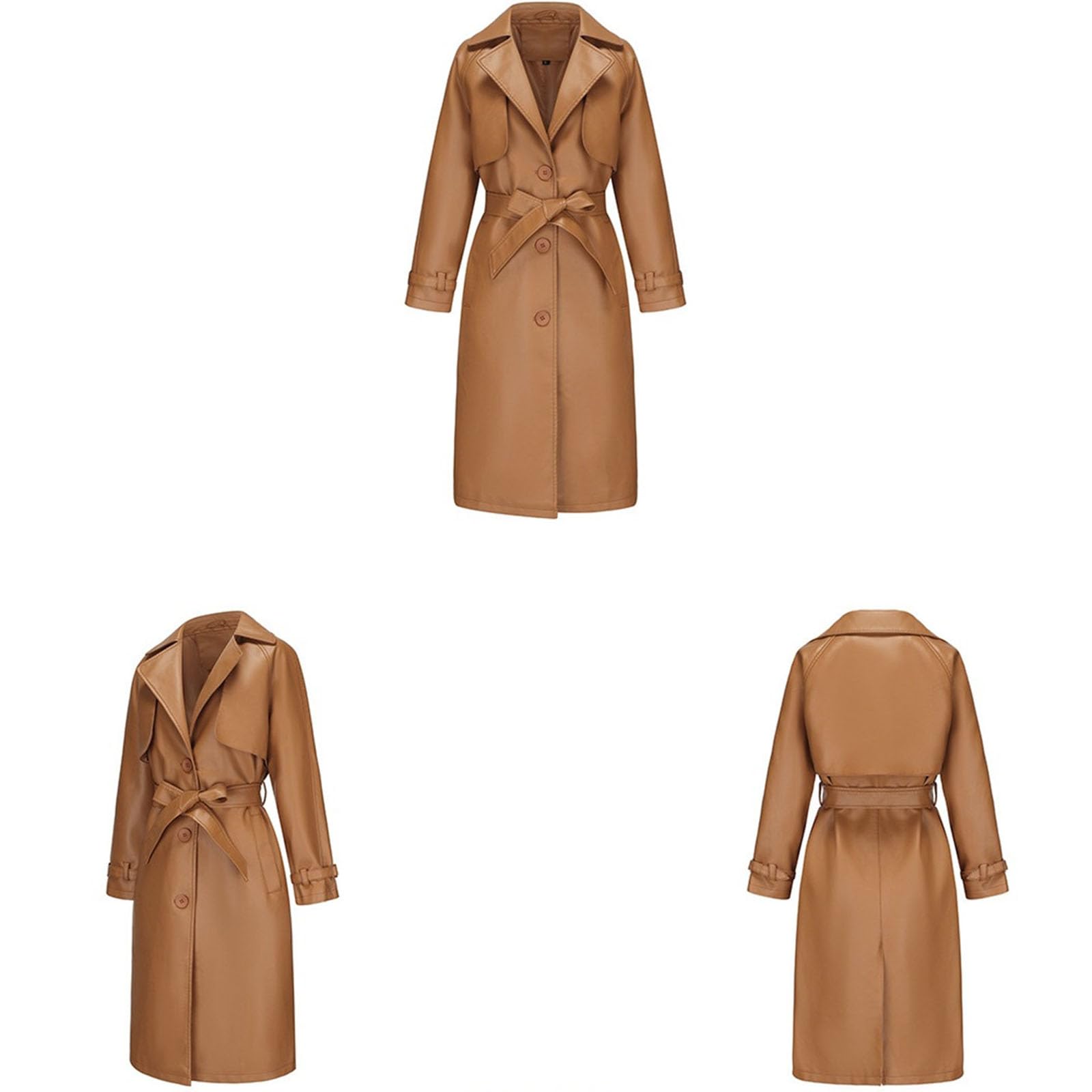 Trench da donna in ecopelle PU giacca lunga con cintura con risvolto dentellato monopetto moda autunno