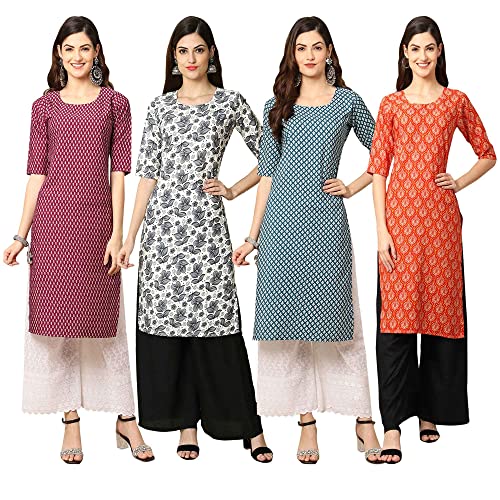 Image of Pinkmint Women's Crepe Digital Print Straight Kurta [Pack of 4] (CCV-334-338-339-335)