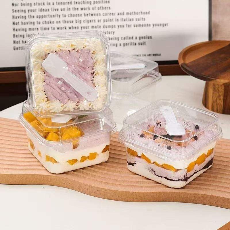 Clear Tiramisu Pastry Box with Spoon and Lid, Transparent, 450ml, Square, Pack of 10 (Square)-image-40