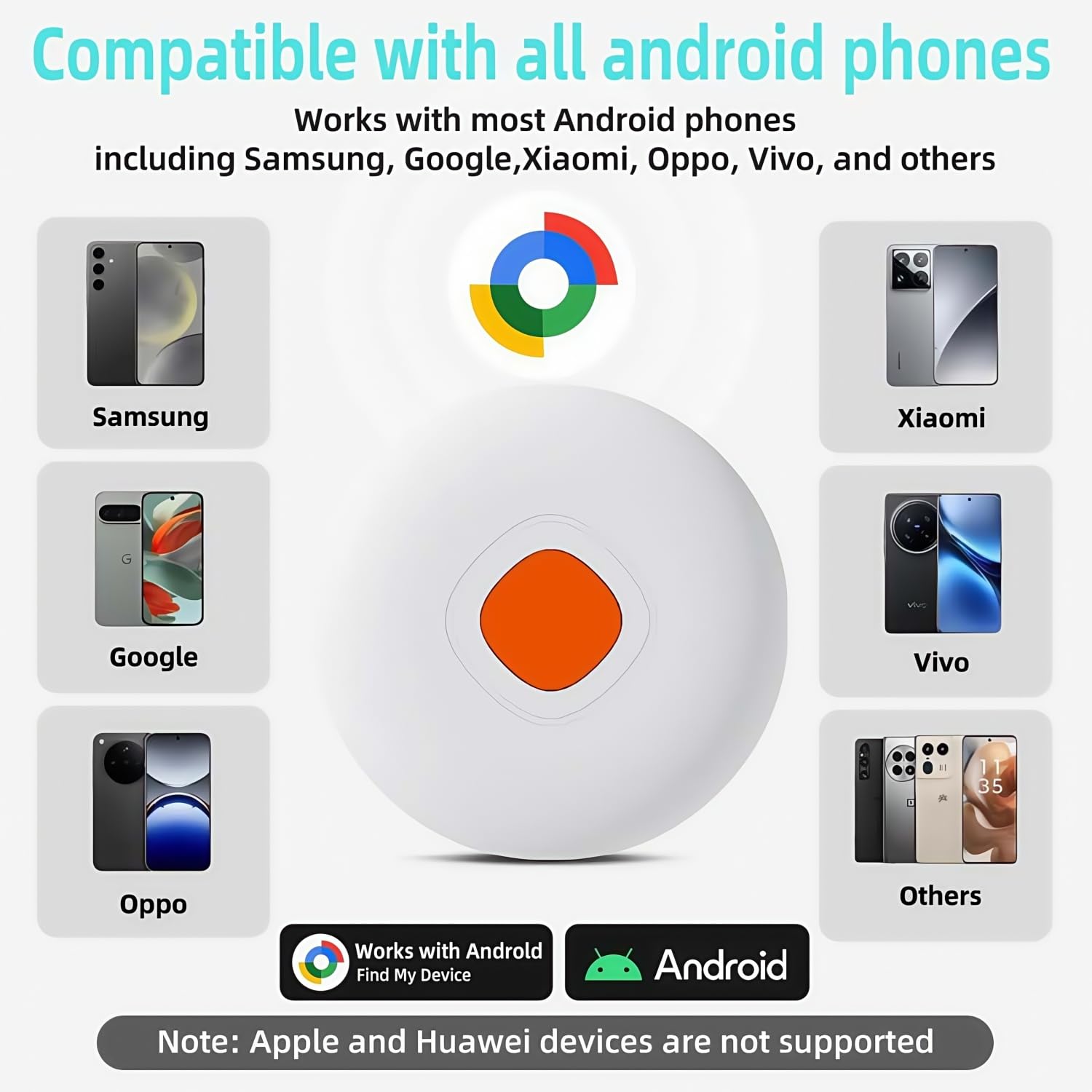 Lot de 2 mini étiquettes de localisateur d'air Android - Fonctionne avec Google Find My Device - Pour clés - Chien - Voiture - Pour personnes âgées - Véhicule - Moto - Étanche - Pas de GPS