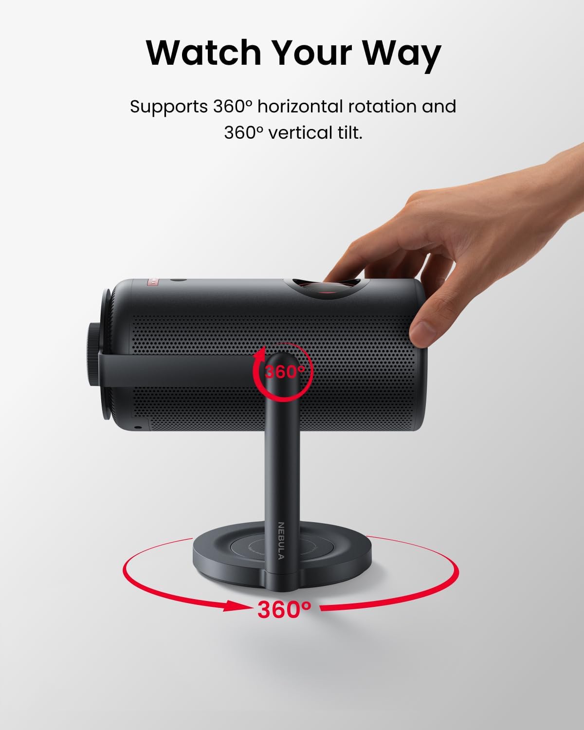 Hand adjusting projector on NEBULA Capsule Gimbal Stand, showing 360 degree rotation