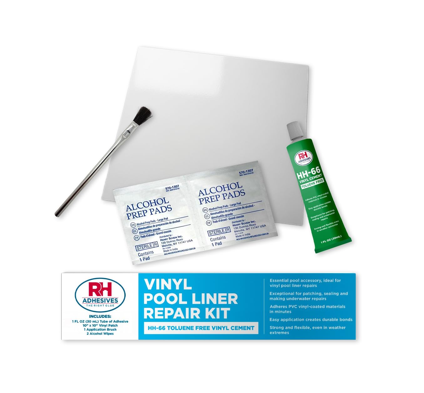 Vinyl Pool Liner Repair Kit with 10-inch by 10-inch Pool Vinyl, 1 oz. Tube of HH-66 TF Cement, Applicator Brush, Alcohol Wipes (Clear (20 Gauge))